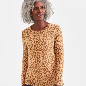 Style & Co. Women's Fine Gauge Crewneck Long-Sleeve Sweater, Animal Icy Coffee